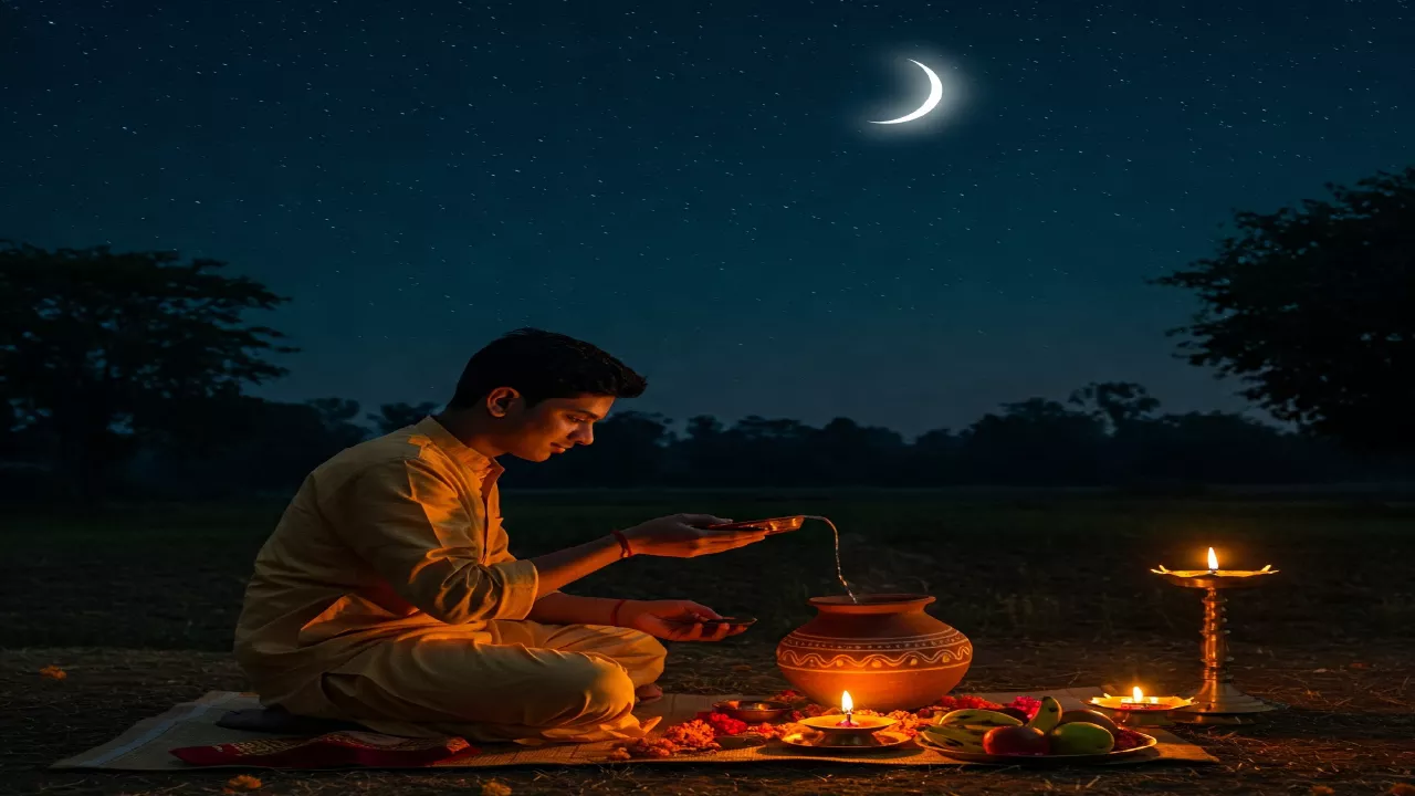 image depicting Amavasya Shraddha (Darsha Shraddha). Show a person or small family making simple offerings, like water (Tarpan) or food, under a night sky featuring a slim new moon crescent. The atmosphere should be quiet, reverent, and emphasize this monthly opportunity for remembrance outside the main Pitrupaksha season - perform shradh outside Pitrupaksha