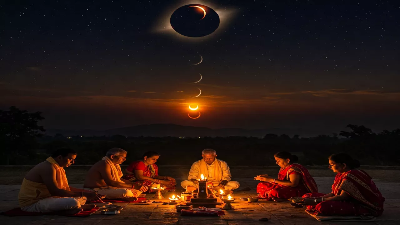 Image of Shradh rituals being performed during powerful celestial events mentioned in Puranas. Depict people making offerings respectfully outdoors, with a dramatic sky showing a solar/lunar eclipse in progress, OR the sun positioned strikingly for a solstice/equinox/Sankranti. Emphasize harnessing cosmic alignments for ancestral rites outside Pitrupaksha - perform shradh outside Pitrupaksha