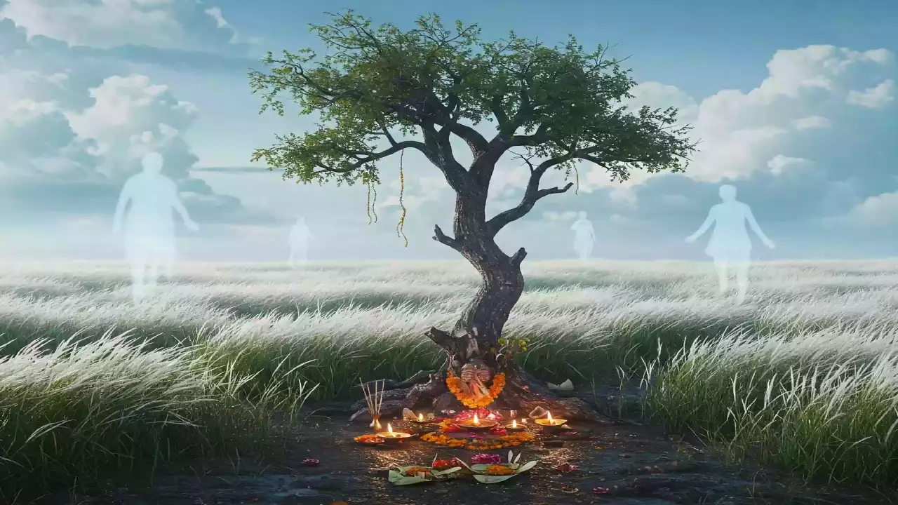 -A picture of illustrating the transition from monsoon to autumn as the setting for Pitrupaksha. Show a landscape with damp earth and receding rain clouds ('Monsoon's Farewell') juxtaposed with blooming white Kash phool (Kans grass) under a clearer, soft autumn sky ('Autumn's Embrace'). Subtly integrate symbols of Pitrupaksha, like simple offerings placed reverently in nature or faint ancestral figures hinted at in the light. Focus on the sacred, peaceful atmosphere of the season - Pitrupaksha is in autumn