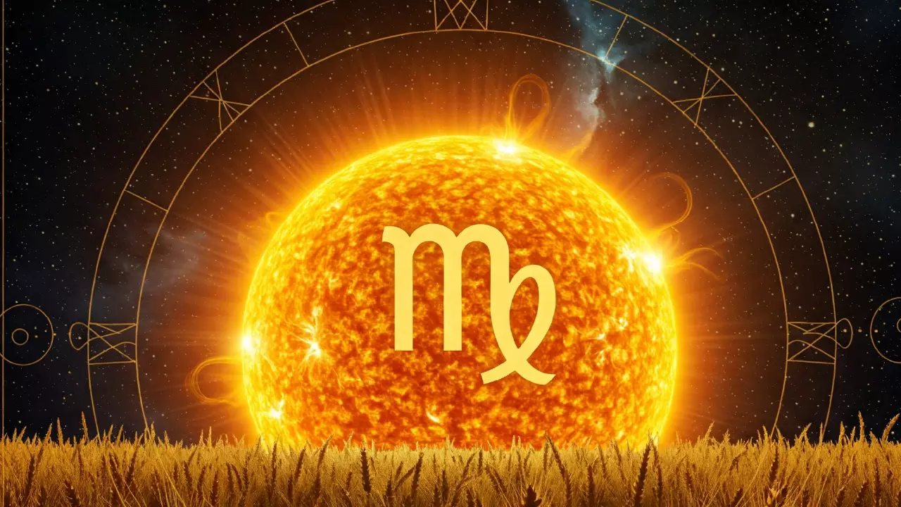 Image of capturing the astrological event of the Sun entering Virgo. Depict a bright, prominent Sun transitioning into the domain of Virgo. Incorporate elements like the Virgo glyph (♍), golden wheat stalks, precise patterns, or earthy tones against a cosmic backdrop. The mood should convey a shift towards order, practicality, and harvest - Kanya Sankranti Pitrupaksha timing