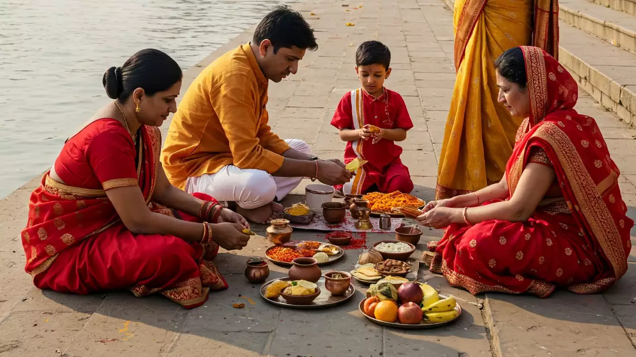 An image of an Indian family dressed in simple or traditional attire, performing Shraddha rituals for Pitru Paksha with devotion and respect. Show offerings of food and water being made - Kanya Sankranti Pitrupaksha timing