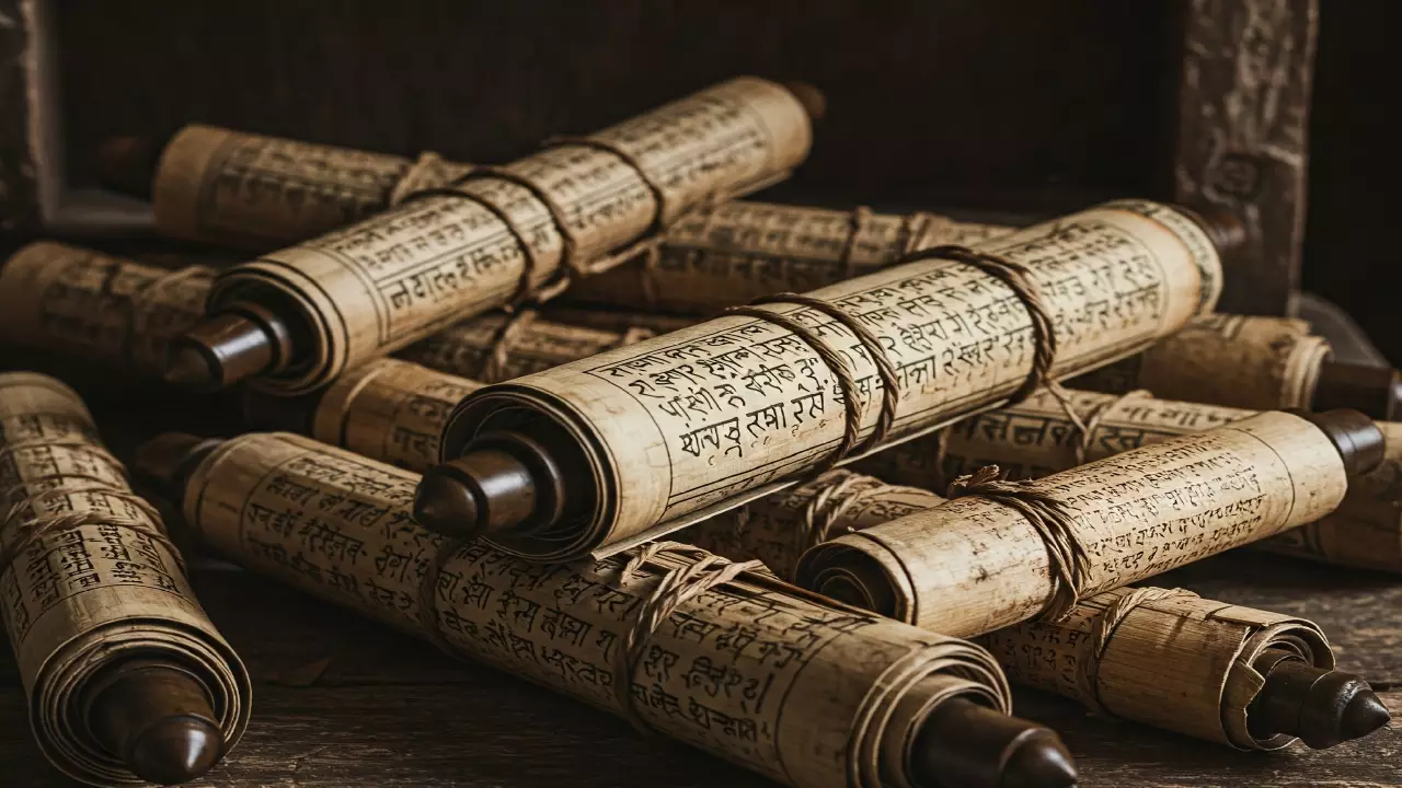Create an image depicting ancient Indian manuscripts or palm-leaf scrolls, identifiable as the Puranas, perhaps tied with string or resting on a wooden surface - Kanya Sankranti Pitrupaksha timing
