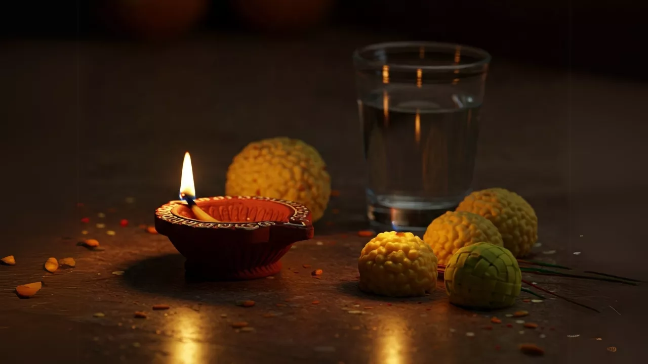 picture of a diya and some rice balls(pinds)