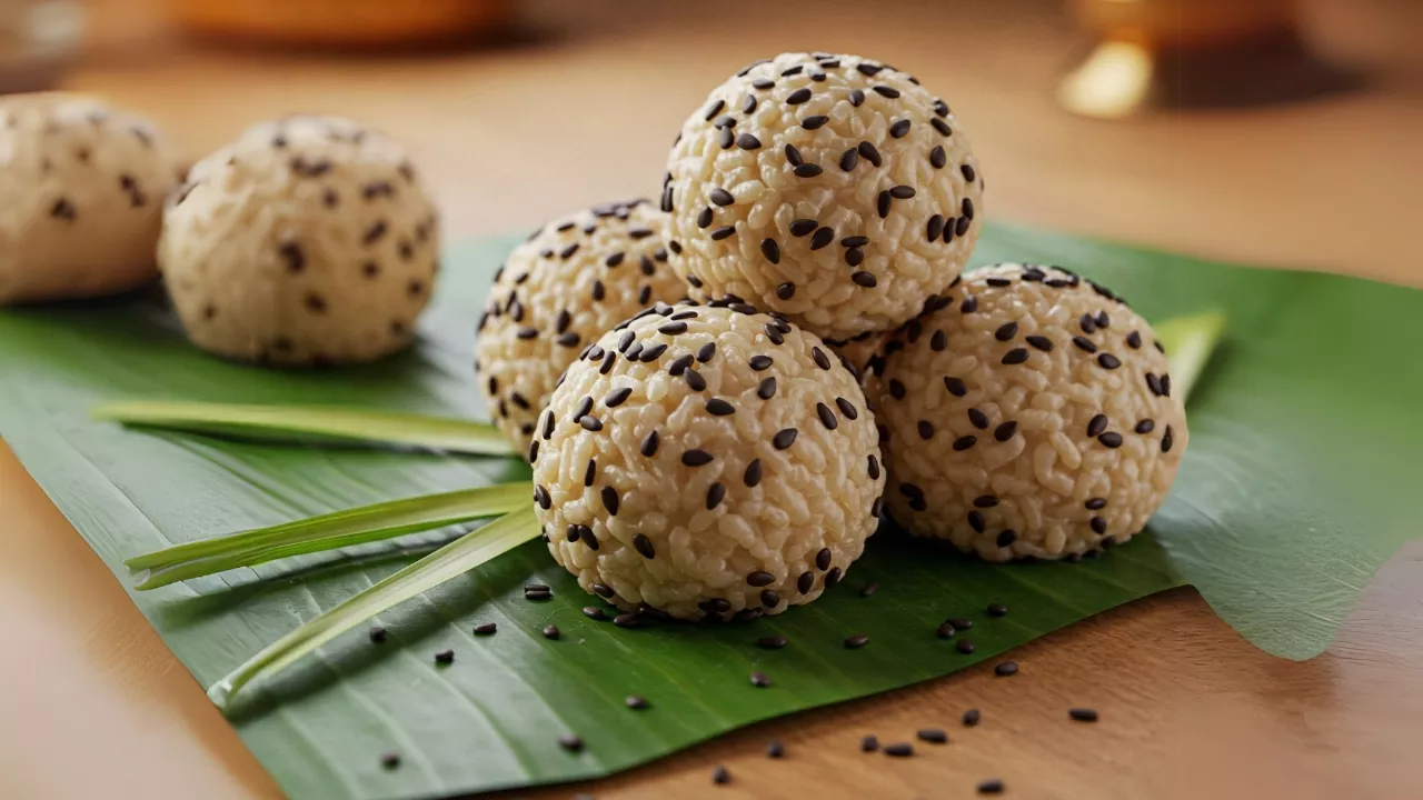 Image of a rice ball attach with black sesame seed