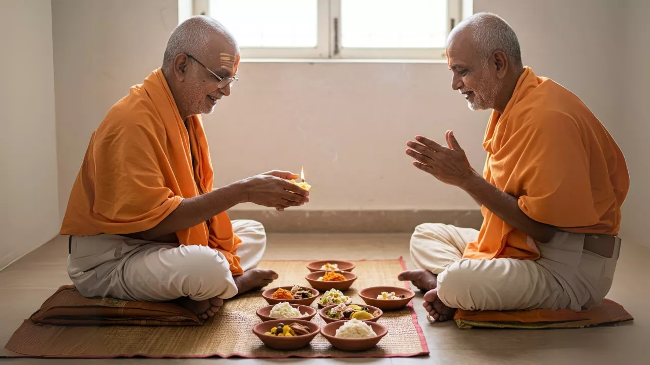 Image of a man give food to Pandit Ji 