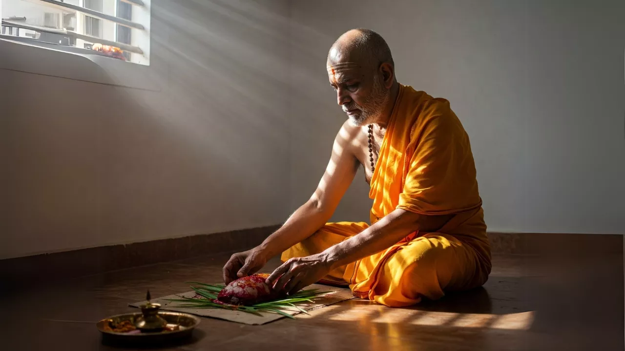Man performs Pind Daan/Shraddha ritual indoors, offering Pinda on leaves- When to perform Shradh 