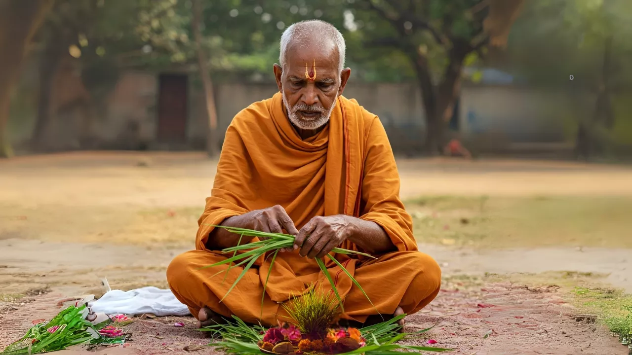Elderly man prepares Kusha grass and flowers for a Shraddha ritual outdoors- Benefits of performing Shradh
