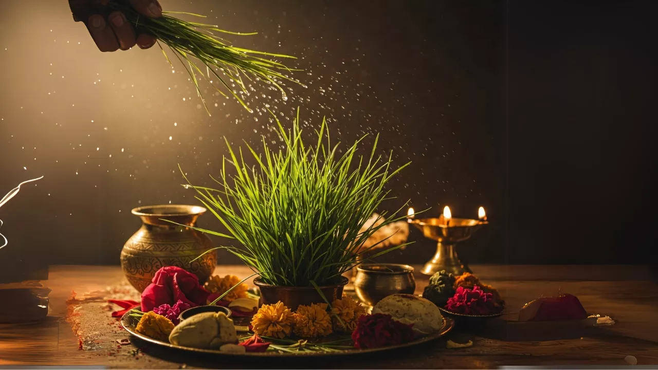 Image of a bunch of kusha grass with some puja materials