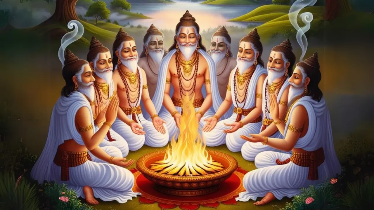 Image of Group of rishi doing hawan for their ancestors - regional Pitrupaksha dates