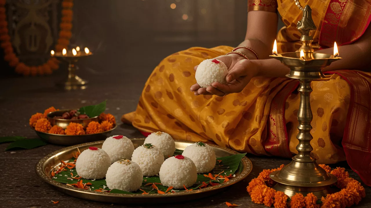 Woman in saree holds pinda for Shraddh ritual with offerings, flowers, and lamps.- Pind Daan Mantras
