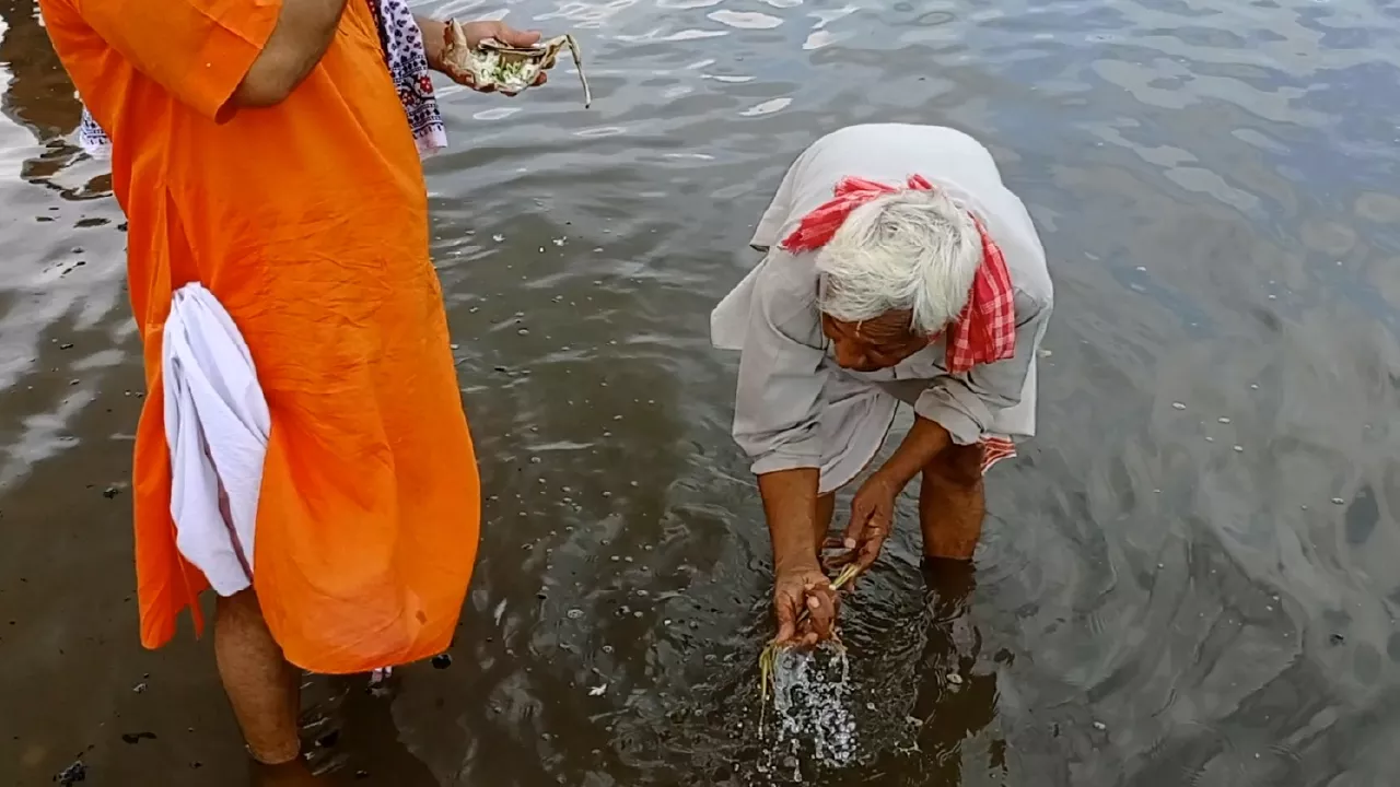Image of Elderly man performs Tarpan in river, offering water & grass from hands. Another man stands nearby- Can Perform Tarpan at Home