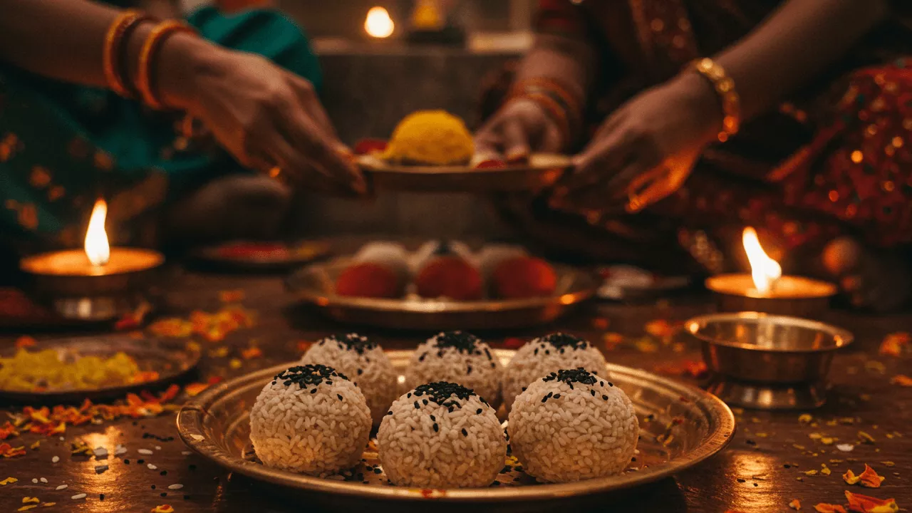 People performing Pind Daan, offering Pindas (rice balls). Lit diyas and flowers visible- Performing Pind Daan at home