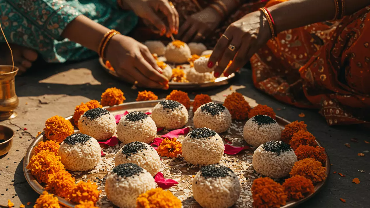 Hands arrange Pindas (rice balls with til) on a decorated brass plate for Shradh ritual- Pinda symbolism meaning