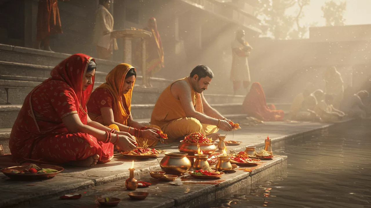 Performs Pind daan pooja on river ghat with offerings & diyas in morning light- Purpose of Pind Daan