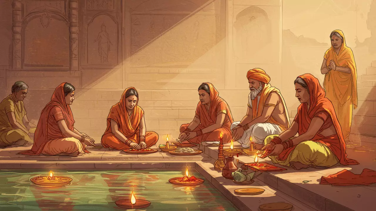 Image of family members doing pind daan near the river ghats-Number of Pindas offered