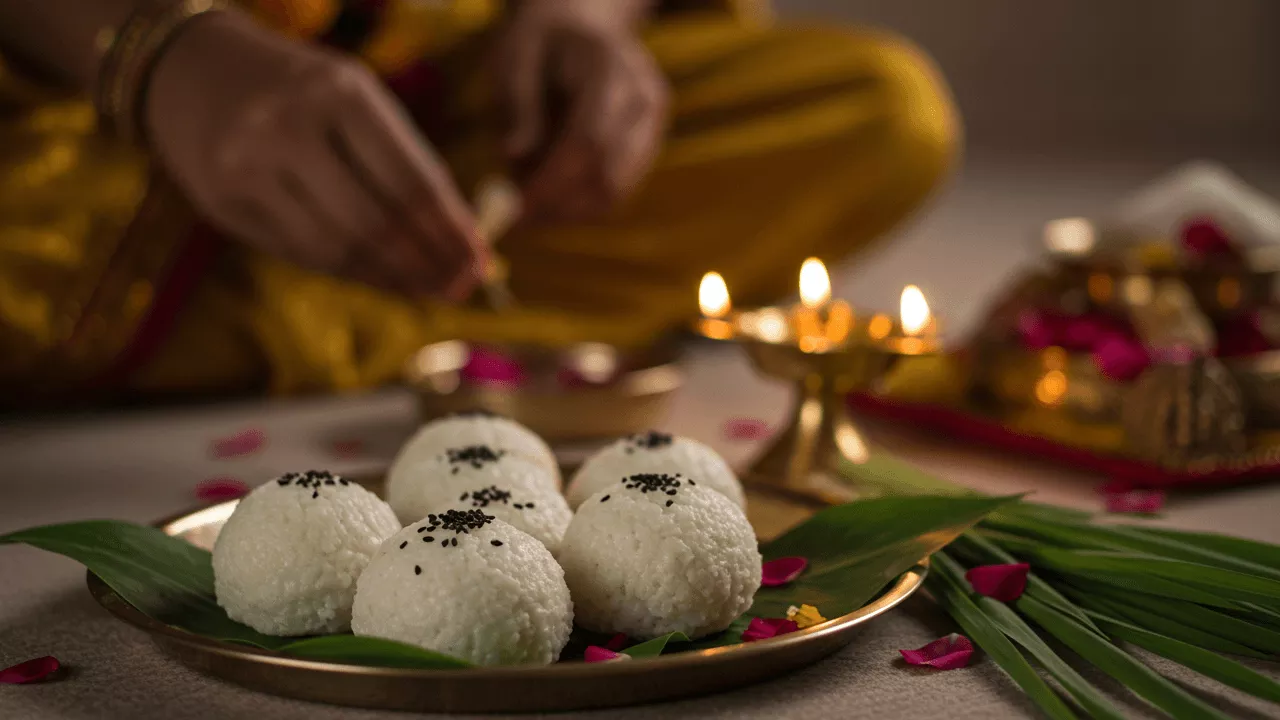 Image of Pind Daan: Hands prepare offerings. Pindas with til on leaf plate, lit Diya, grass, petals present.- Perform Pind Daan at home