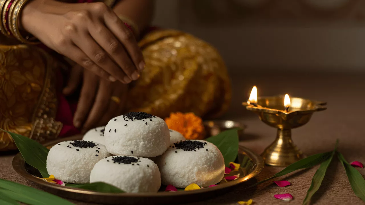 Image of Pind Daan offering: Rice Pindas with til, leaves, flowers, and lit Diya on brass plate- What is Pind Daan