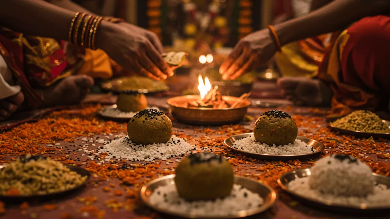 Image of Pind Daan ritual with Pindas, rice, til, flowers. Hands making offering to fire (Havan)- Who receives Pindas