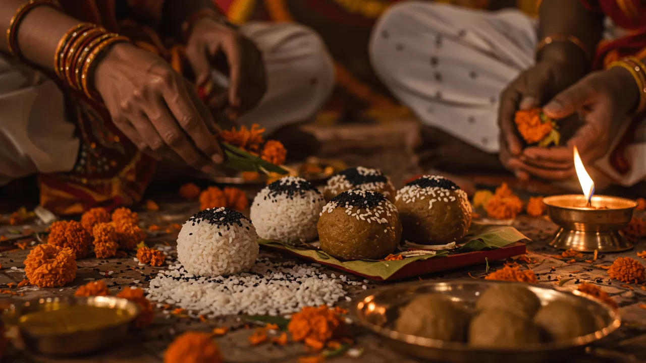 Pind daan ritual: a manoffer pindas (rice/flour balls), sesame seeds, and flowers with a lit diya- Pind Daan Mantras