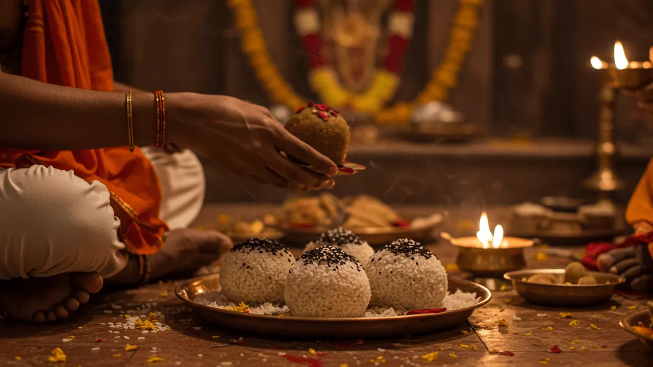 Image of Pind Daan: Hands prepare offerings. Pindas with til on leaf plate, lit Diya, grass, petals present.- Perform Pind Daan at home