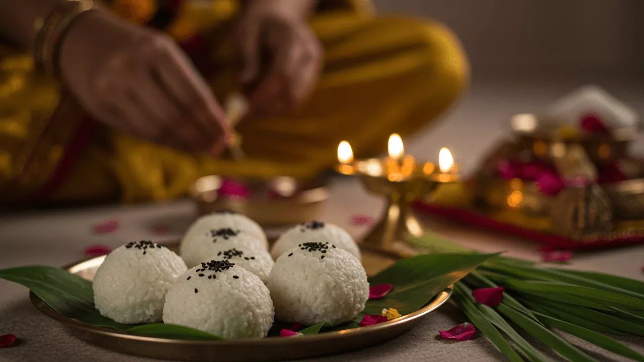 Pind Daan: Rice Pindas with til on leaf plate, lit Diya, flowers, grass. Ritual offering- How to Make Pindas