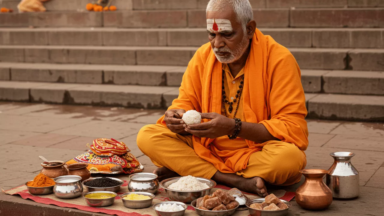 Image of Man prepares Pinda (rice ball) for Shradh on ghat. Ritual offerings arranged around him- How to Make Pindas