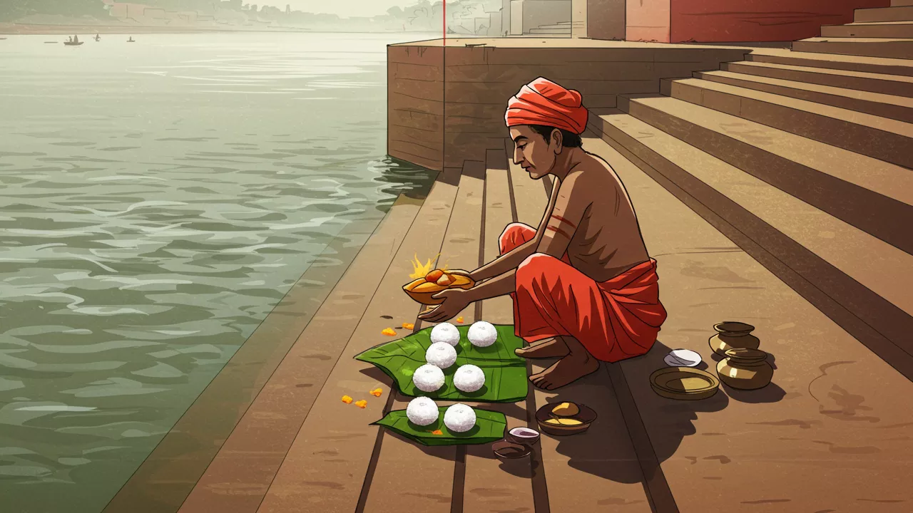 Image of Man performs Pind Daan by the river, offering pindas (rice balls) and prayers to ancestors- Pind Daan scriptural basis
