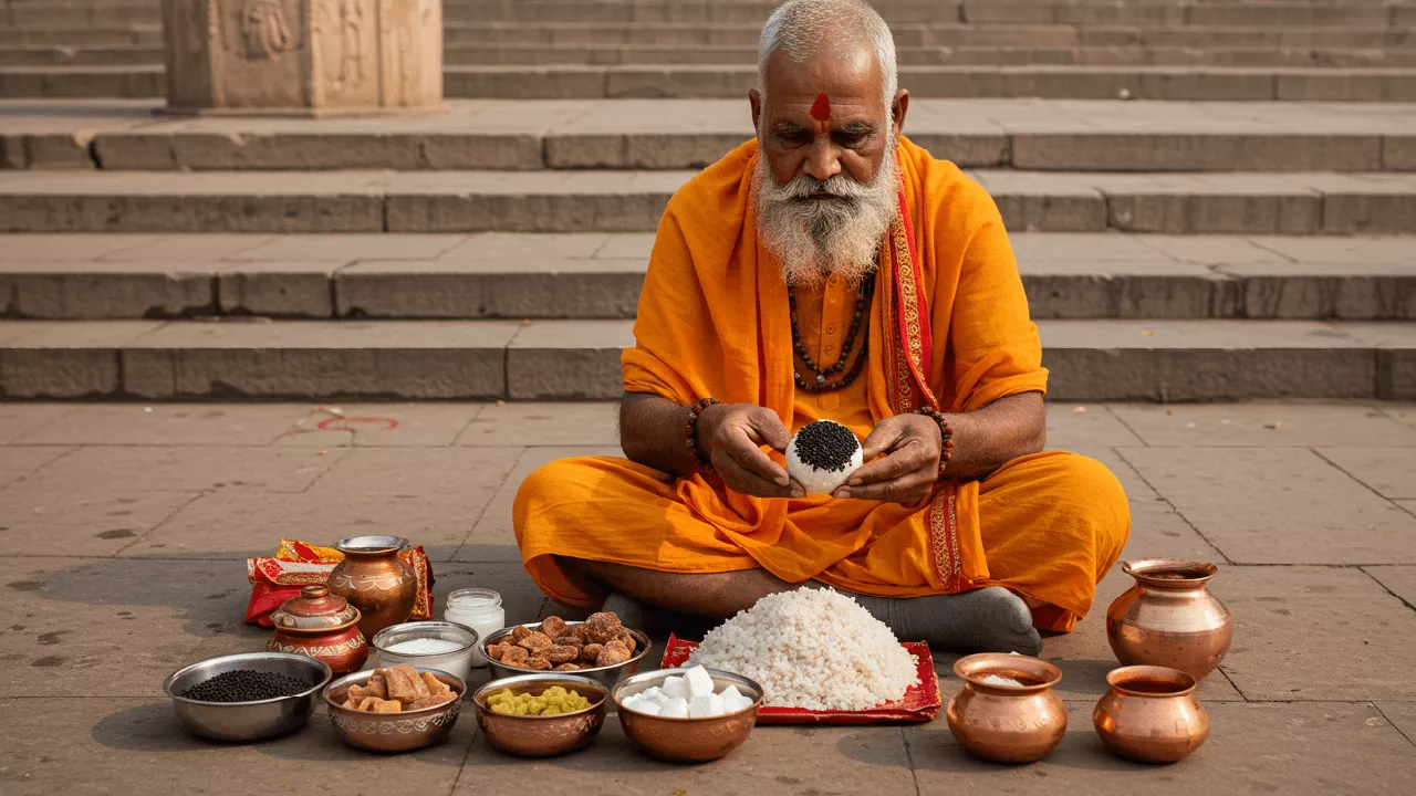 Image of Man in orange clothes performs Pind Daan, holding a pinda with sesame seeds, offerings around- The Importance of Pind Daan Shradh
