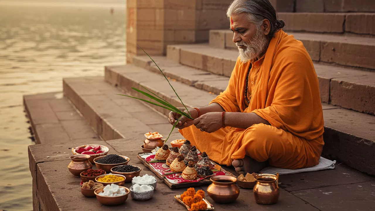 image of Man on river ghat preparing elaborate Pindas & offerings with Kusha grass for Shradh/Pind Daan- Pind Daan in Gaya significance