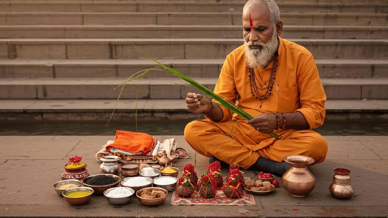 image of Man prepares for Pind Daan on ghat, holding Kusha grass. Offerings arranged before him- Pind Daan ingredients