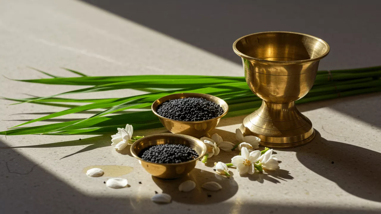 Tarpan essentials: Brass bowls with black sesame (til), Kusha grass, water vessel, white flowers. 