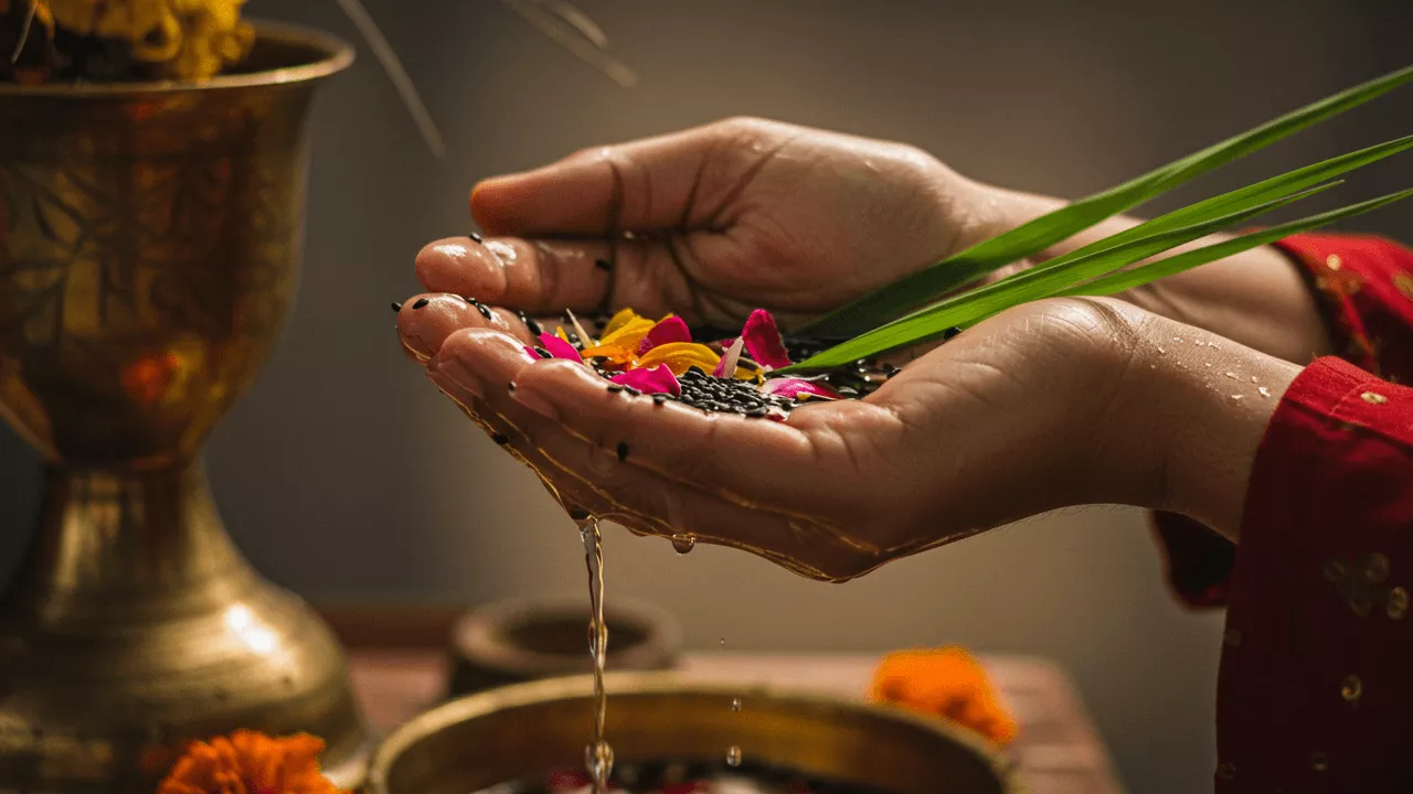 Image of Performing Tarpan: offering water over til, flowers & Kusha grass into a vessel below. Ritual act- Tarpan role in Shradh
