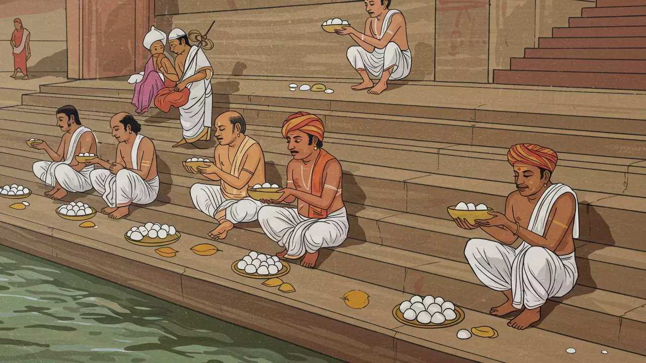 Image of Men performing Pind Daan ritual on river ghat steps with Pinda offering- Holy sites for Pind Daan