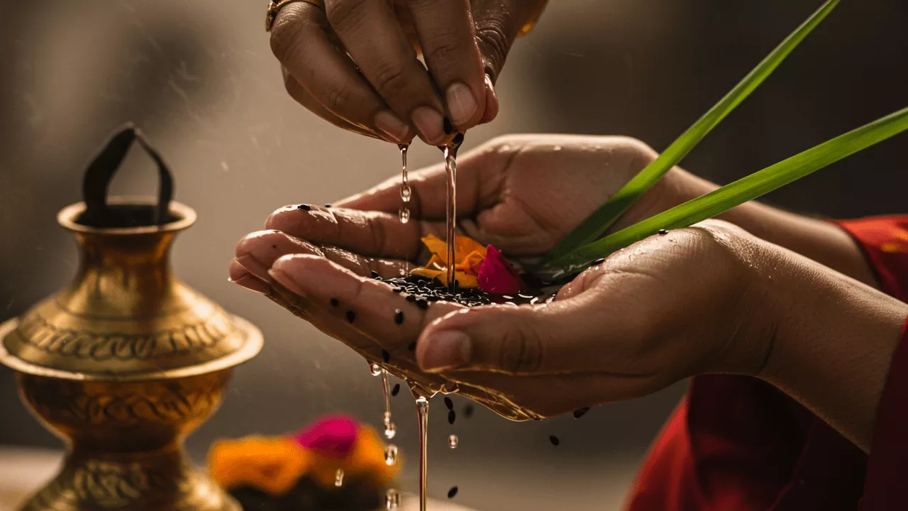 Picture of Tarpan ritual: Water poured onto hands holding til, flowers, Kusha grass. Brass pot visible- Perform Tarpan at home