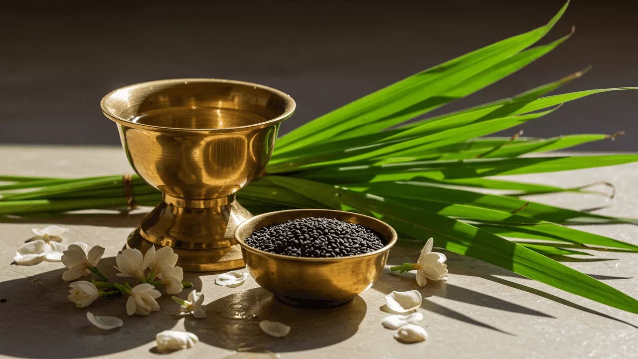 Tarpan essentials: Brass bowls with black sesame (til), Kusha grass, water vessel, white flowers.