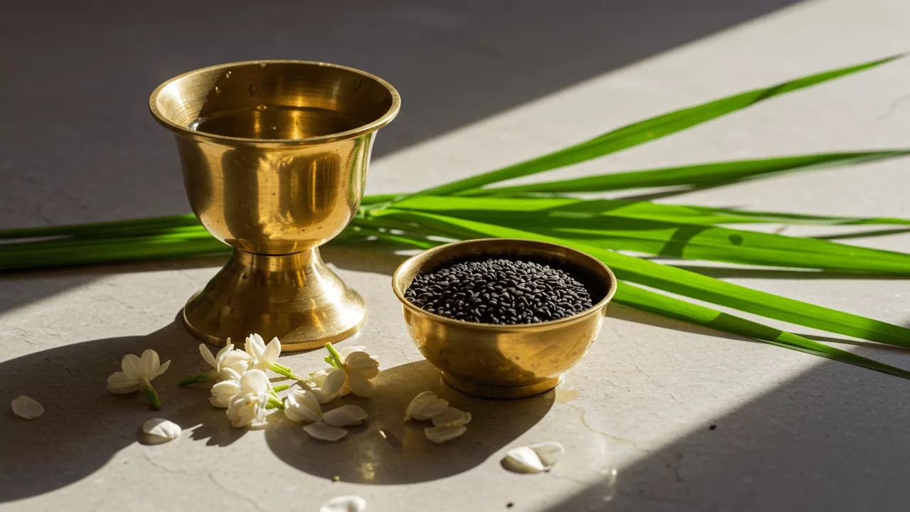 Tarpan essentials: Brass bowls with black sesame (til), Kusha grass, water vessel, white flowers-Water symbolism Tarpan
