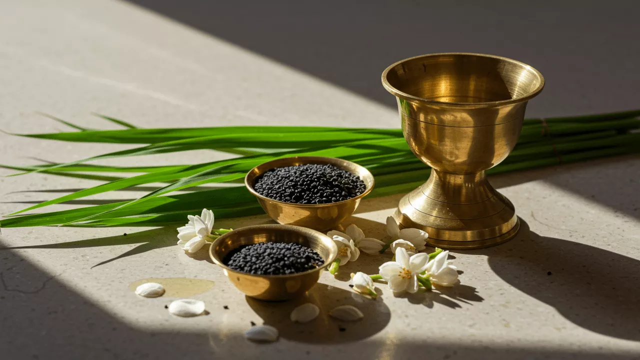 Picture of Tarpan essentials: Brass bowls with black sesame (til), Kusha grass, water vessel, white flowers- Perform Tarpan at home