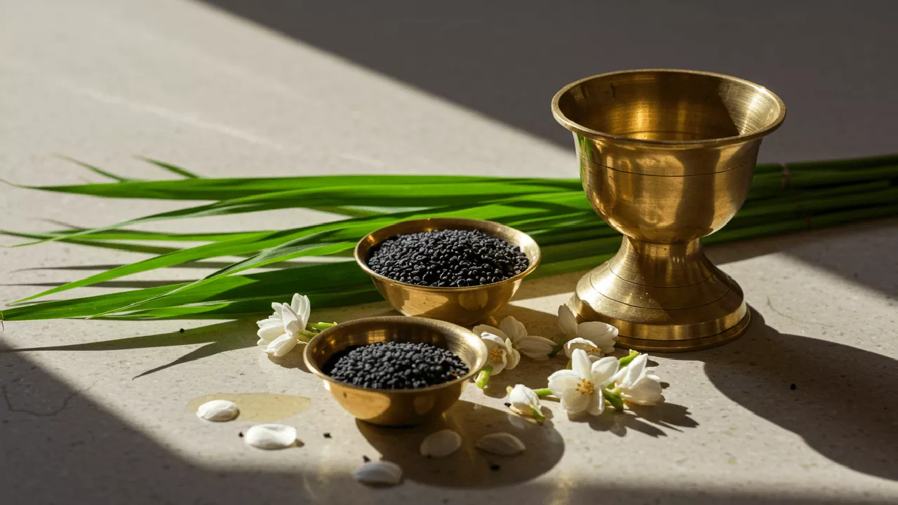 Tarpan essentials: Brass bowls with black sesame (til), Kusha grass, water vessel, white flowers- Benefits of Tarpan