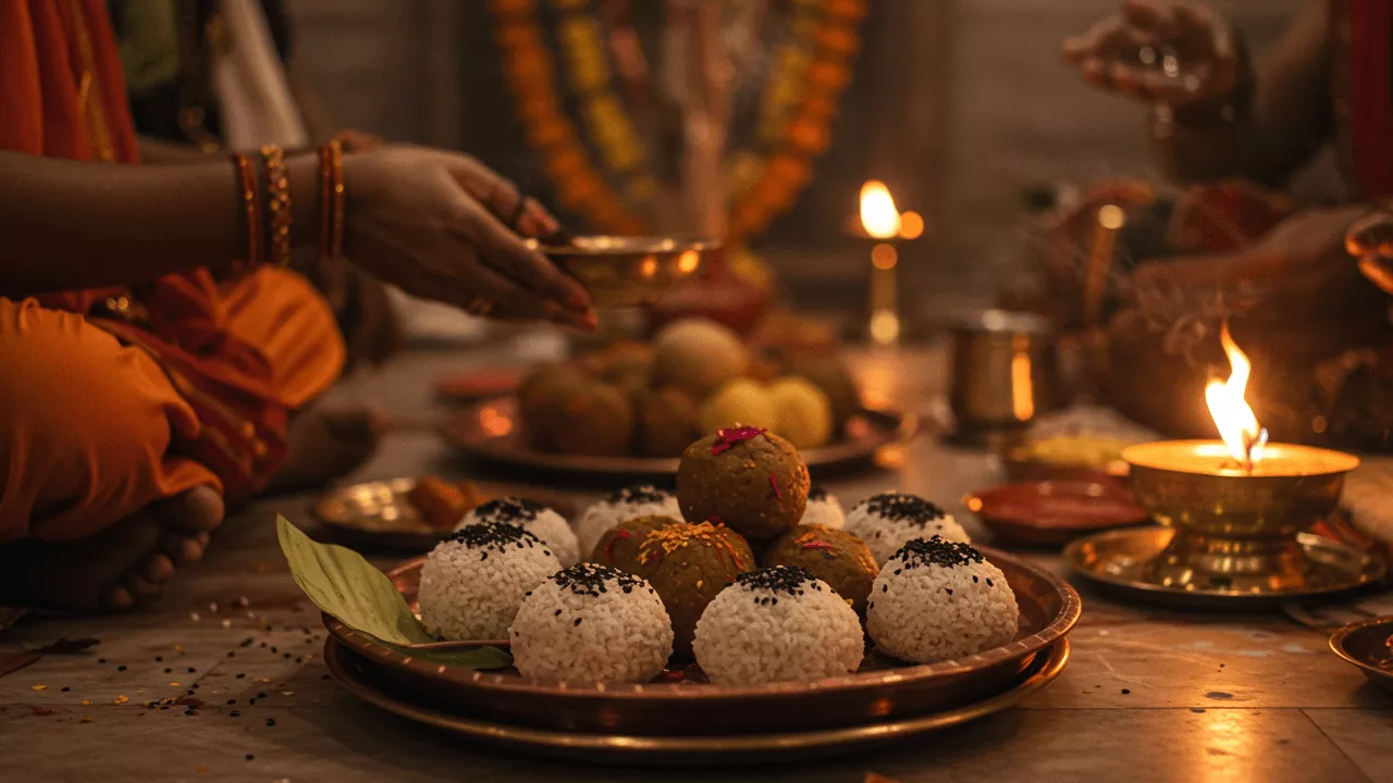 Pind Daan offerings: Pindas with til on plates, lit Diya, hands holding bowl. Ritual setting.