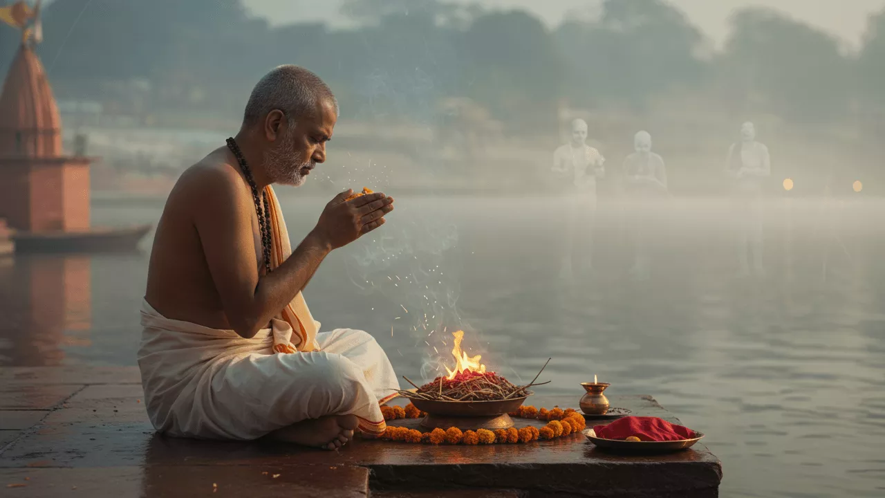 Man performs fire ritual (homa) by river for ancestors during Shraddh. Faint figures watch. 