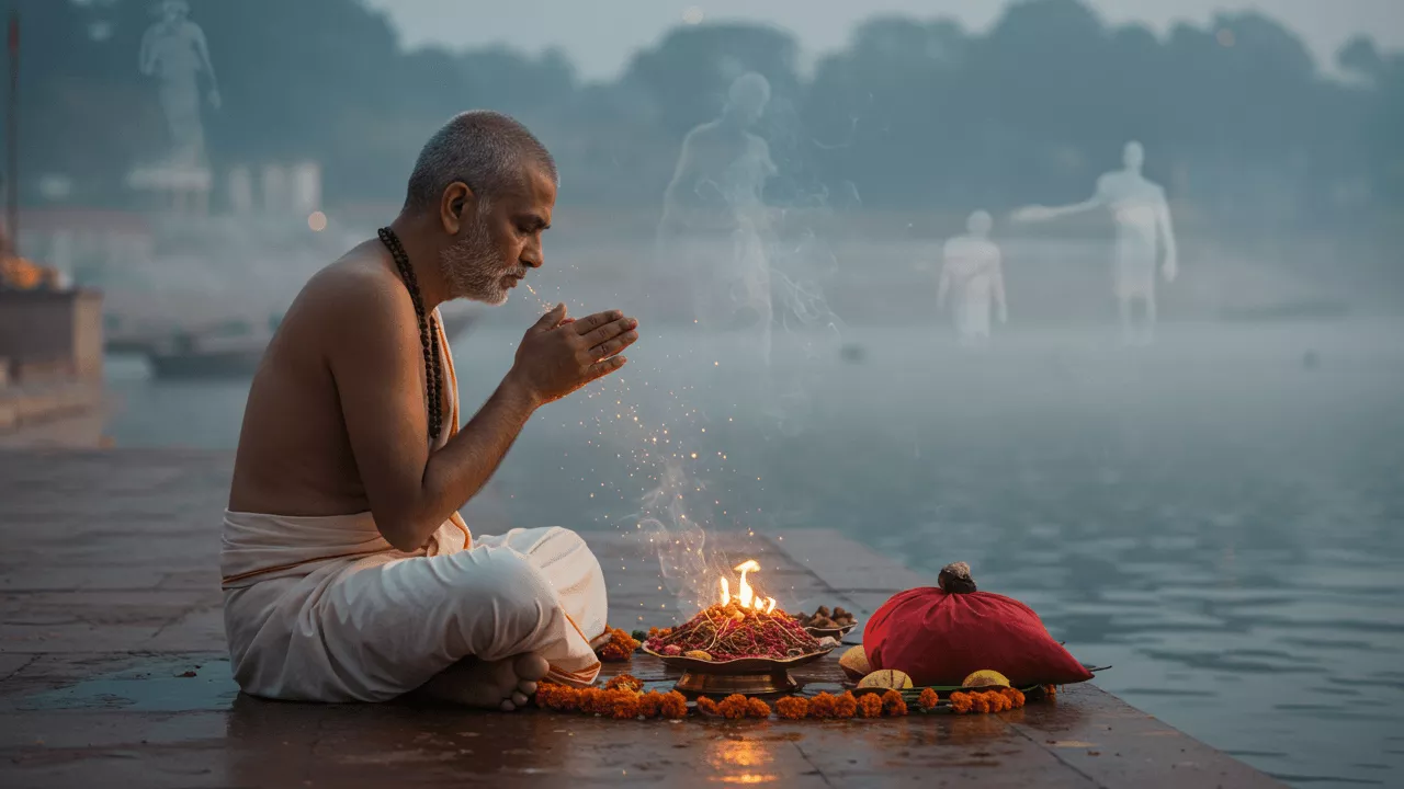 Man performs Shradh ritual sibe by river for ancestors during Pitrupaksha. Faint figures watch- Who Can Perform Pind Daan