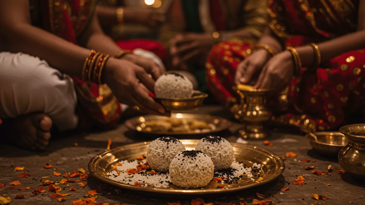 Pind Daan ritual: Woman offering rice balls (pindas) with sesame seeds during Shraddh- Who Can Perform Pind Daan