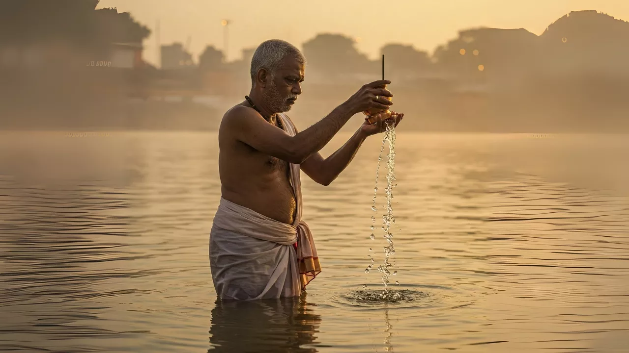 Image of Man performing Tarpan, offering water to ancestors in a river at sunrise. - How to perform Pitru Tarpan