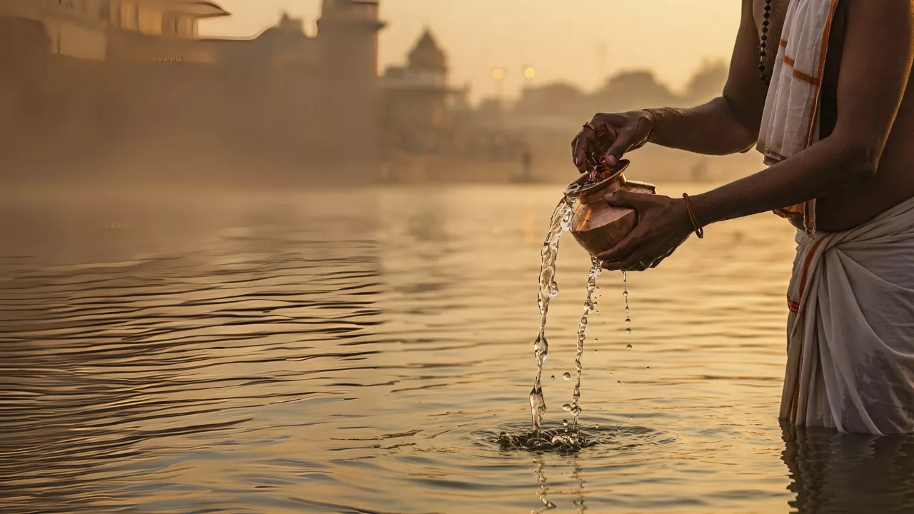 Image of Tarpan ritual: Man offers water from copper pot into river at sunrise/sunset. Hindu rite - How many times offer water Tarpan