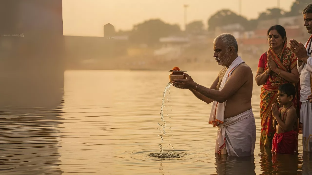 Man performs Tarpan in river, offering water from pot with flower. Family prays behind him. Shradh- Facing south Pitru Tarpan