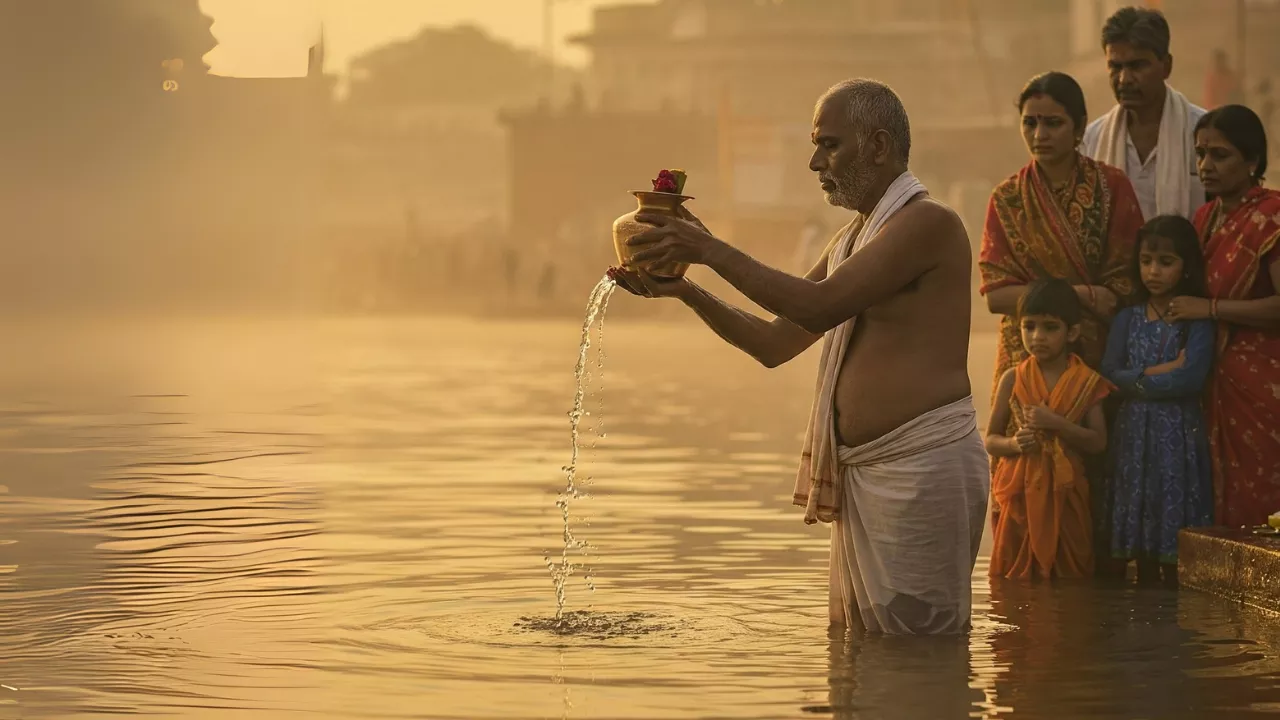 Family observes as an elder performs Tarpan, offering water to ancestors in the river- Essential items for Tarpan 