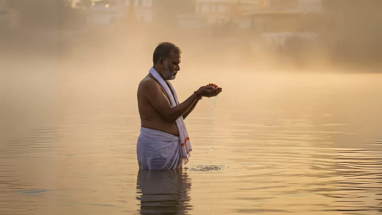 Image of Elderly man performing Tarpan ritual in river, offering water & flowers from cupped hands. Sunrise- Tarpan for maternal ancestors