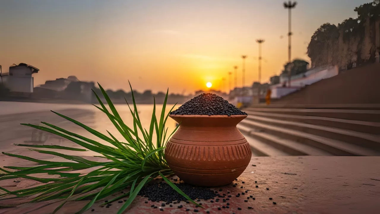 Image of Earthen pot overflowing with black sesame (til) and Kusha grass on a ghat at sunrise/sunset for Tarpan- Role of Til in Tarpan