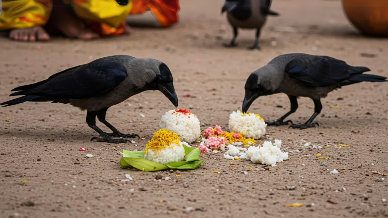 Image of Crows eating pindas (rice balls), offerings for ancestors during Pitru Paksha Shraddh ritual- Crows Eating Pindas