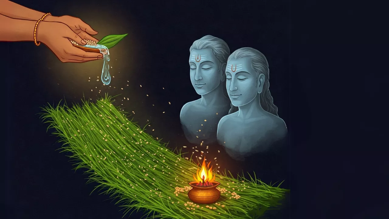 Image of Tarpan ritual with water & seeds offered over Kusha grass to ancestors. Diya lit- Kusha grass significance Tarpan